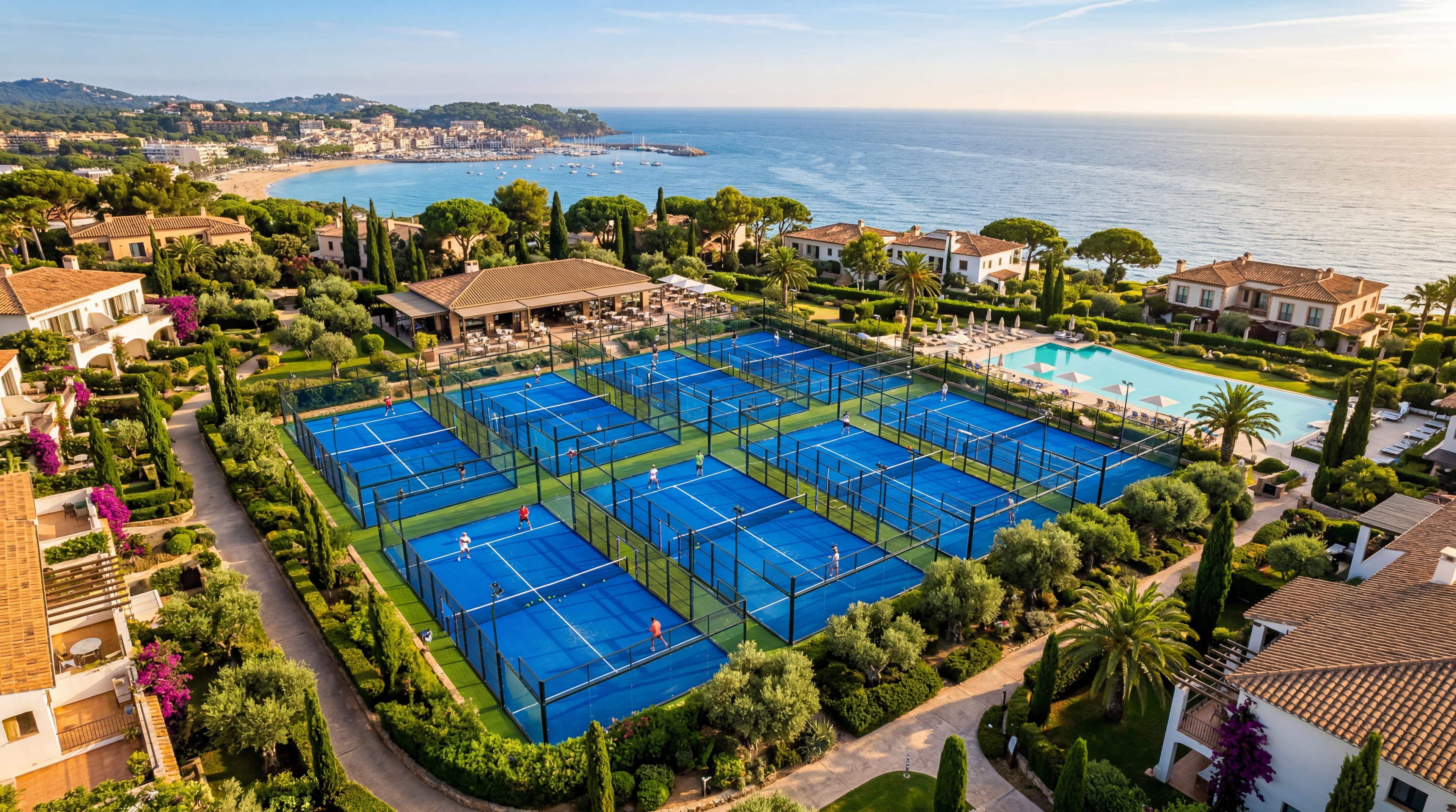 Aerial view of a padel resort with ocean views